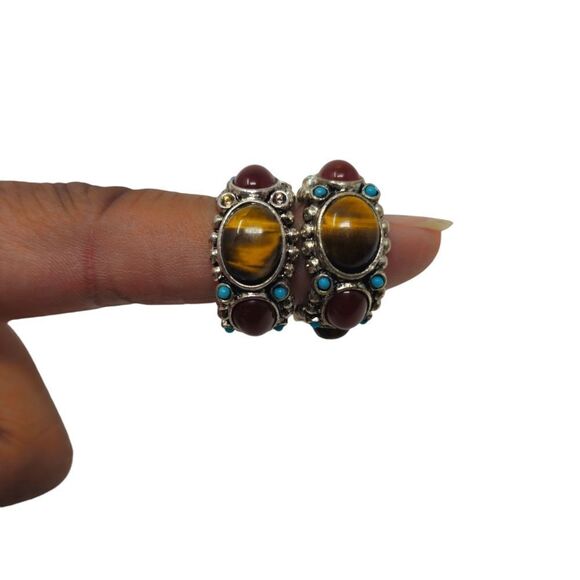 Vintage R.J. Graziano Silver Metal Tiger Eye & Turquoise Half Hoop Clip-On Earri - Picture 3 of 9